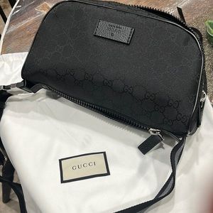 NEW Gucci Black Nylon GG Guccissima Web Stripe Fanny Pack Waist Sling Bag